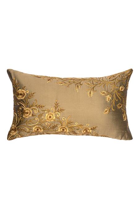 Shop Khaabka Green Chanderi Silk Floral Shaakh Pattern Cushion Covers - 2 Pcs at Aza Fashions Shop_Khaabka_Green Chanderi Silk Floral Shaakh Pattern Cushion Covers - 2 Pcs_at_Aza_Fashions