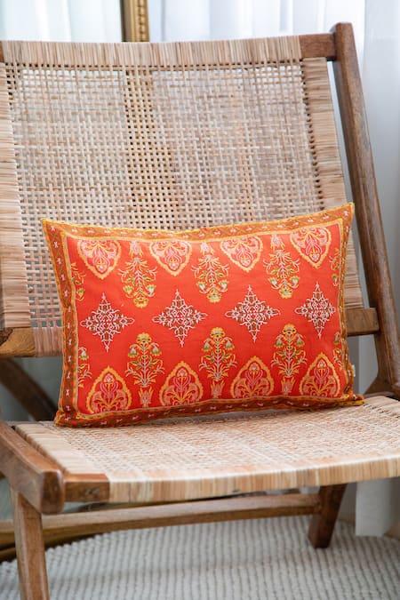 Khaabka Orange Cotton Linen Thread Seher Embroidered Cushion Covers - 2 Pcs 