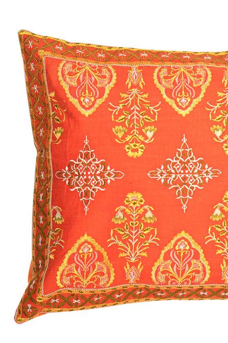 Shop_Khaabka_Orange Cotton Linen Resham, Thread Seher Embroidered Cushion Covers - 2 Pcs_Online_at_Aza_Fashions