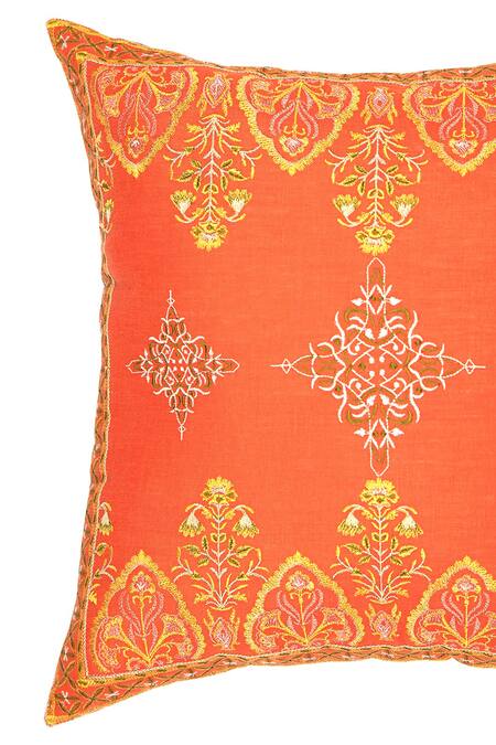 Shop_Khaabka_Orange Cotton Linen Resham Seher Embroidered Cushion Covers - 2 Pcs_Online_at_Aza_Fashions
