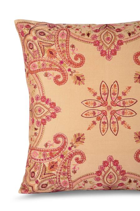 Khaabka_Beige Chanderi Silk Paisley, Resham Seher And Embroidered Cushion Covers - 2 Pcs_Online_at_Aza_Fashions