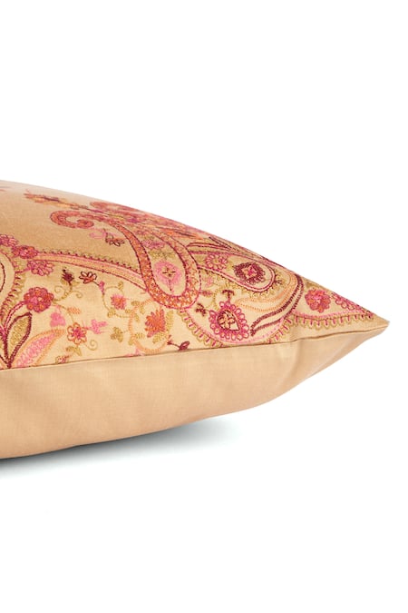 Shop_Khaabka_Beige Chanderi Silk Paisley, Resham Seher And Embroidered Cushion Covers - 2 Pcs_Online_at_Aza_Fashions