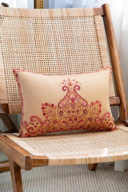 Khaabka Beige Chanderi Silk Resham Seher Paisley And Embroidered Cushion Covers - 2 Pcs 