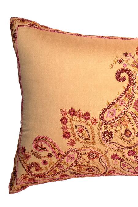 Shop_Khaabka_Beige Chanderi Silk Paisley, Resham Seher And Embroidered Cushion Covers - 2 Pcs_Online_at_Aza_Fashions