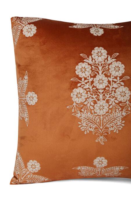Khaabka_Orange Velvet Dori, Floral Seher And Embroidered Cushion Covers - 2 Pcs_Online_at_Aza_Fashions