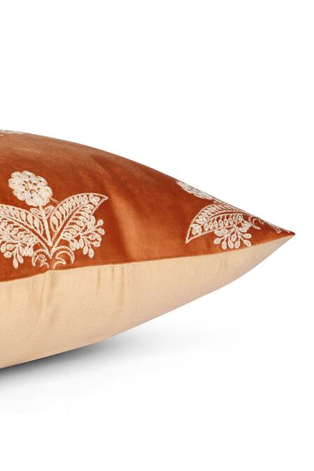 Shop_Khaabka_Orange Velvet Dori, Floral Seher And Embroidered Cushion Covers - 2 Pcs_Online_at_Aza_Fashions