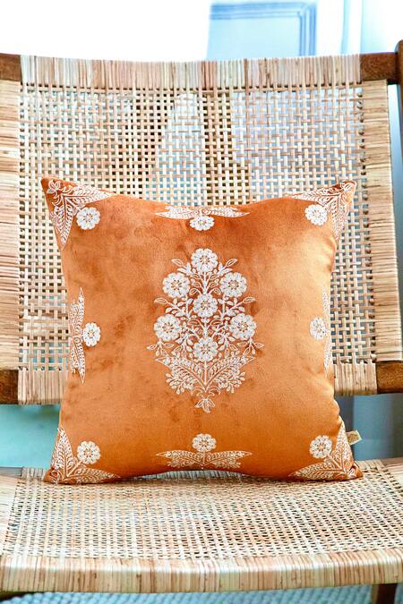 Khaabka_Orange Velvet Dori, Floral Seher And Embroidered Cushion Covers - 2 Pcs_at_Aza_Fashions