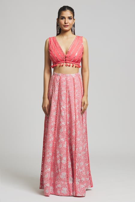 Buy_Kalakaari By Sagarika_Peach Georgette, Cotton, Silk Tassels, Petunia Bloom Print Lehenga Blouse Set 