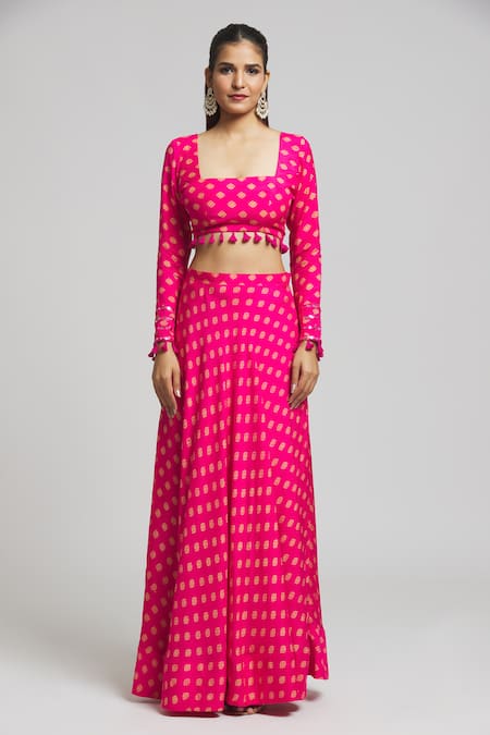 Kalakaari By Sagarika_Pink Georgette, Cotton, Silk Tassels Square Bloom Motif Print Lehenga Blouse Set _Online_at_Aza_Fashions