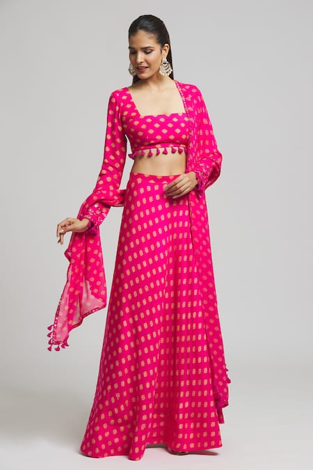 Buy_Kalakaari By Sagarika_Pink Georgette, Cotton, Silk Tassels Square Bloom Motif Print Lehenga Blouse Set _Online_at_Aza_Fashions
