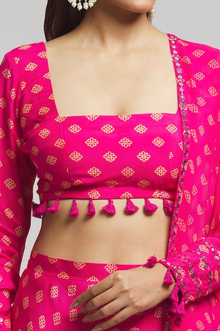 Shop_Kalakaari By Sagarika_Pink Georgette, Cotton, Silk Tassels Square Bloom Motif Print Lehenga Blouse Set _Online_at_Aza_Fashions