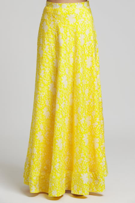 Kalakaari By Sagarika_Yellow Georgette, Cotton, Silk Tassels Daffodil Bloom Print Lehenga Blouse Set _Online_at_Aza_Fashions