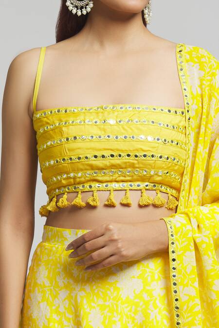 Buy_Kalakaari By Sagarika_Yellow Georgette, Cotton, Silk Tassels Daffodil Bloom Print Lehenga Blouse Set _Online_at_Aza_Fashions