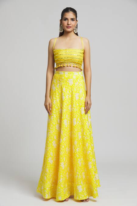 Shop_Kalakaari By Sagarika_Yellow Georgette, Cotton, Silk Tassels Daffodil Bloom Print Lehenga Blouse Set _Online_at_Aza_Fashions