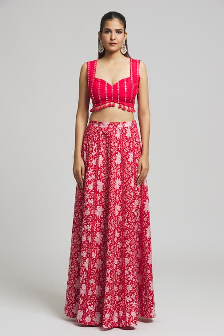 Kalakaari By Sagarika_Red Georgette, , Satin Rafflesia Bloom Print Lehenga Blouse Set _Online_at_Aza_Fashions