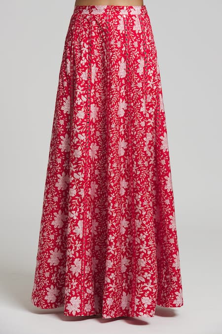 Kalakaari By Sagarika_Red Georgette, , Satin Rafflesia Bloom Print Lehenga Blouse Set _at_Aza_Fashions