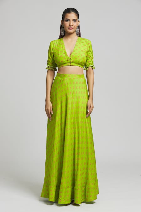 Kalakaari By Sagarika_Green Georgette, Cotton Satin Tassels Plumeria Motif Print Lehenga Blouse Set _Online_at_Aza_Fashions