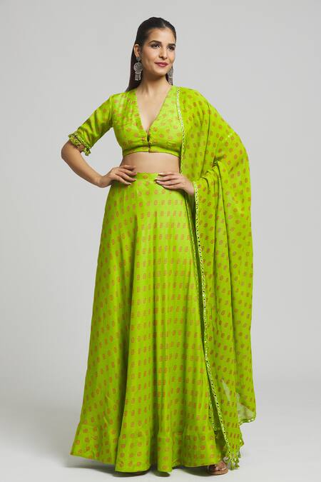 Buy_Kalakaari By Sagarika_Green Georgette, Cotton Satin Tassels Plumeria Motif Print Lehenga Blouse Set _Online_at_Aza_Fashions