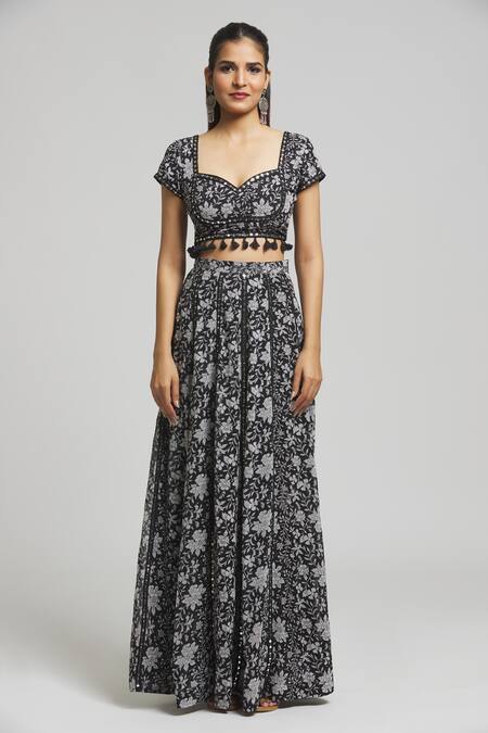 Kalakaari By Sagarika_Black Georgette, Cotton, Silk Tassels, Midnight Bloom Print Lehenga Blouse Set_Online_at_Aza_Fashions