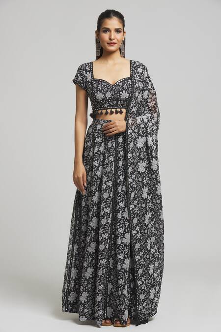 Buy_Kalakaari By Sagarika_Black Georgette, Cotton, Silk Tassels, Midnight Bloom Print Lehenga Blouse Set_Online_at_Aza_Fashions