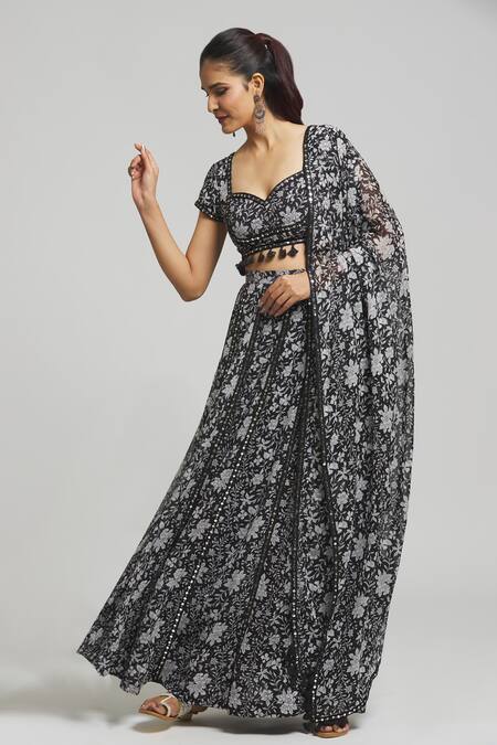 Shop_Kalakaari By Sagarika_Black Georgette, Cotton, Silk Tassels, Midnight Bloom Print Lehenga Blouse Set_Online_at_Aza_Fashions