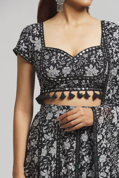 Kalakaari By Sagarika_Black Georgette, Cotton, Silk Tassels, Midnight Bloom Print Lehenga Blouse Set_at_Aza_Fashions