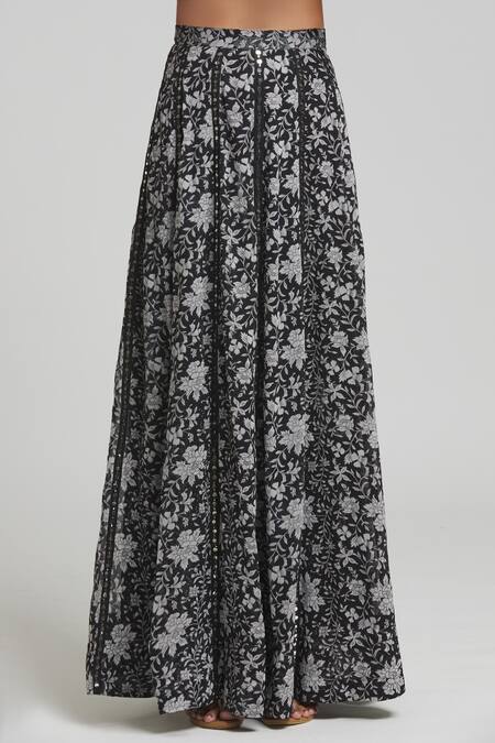 Buy_Kalakaari By Sagarika_Black Georgette, Cotton, Silk Tassels, Midnight Bloom Print Lehenga Blouse Set