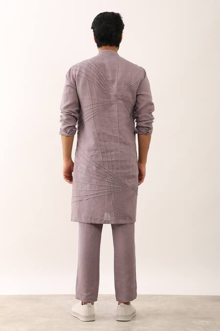 Shop Son Of A Noble Snob Purple 100% Linen Embroidered Manav Angular Stripe Pattern Kurta With Pant at Aza Fashions Shop_Son Of A Noble Snob_Purple 100% Linen Embroidered Manav Angular Stripe Pattern Kurta With Pant_at_Aza_Fashions