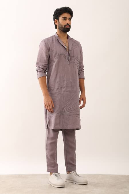 Son Of A Noble Snob Purple 100% Linen Embroidered Manav Angular Stripe Pattern Kurta With Pant Online at Aza Fashions Son Of A Noble Snob_Purple 100% Linen Embroidered Manav Angular Stripe Pattern Kurta With Pant_Online_at_Aza_Fashions