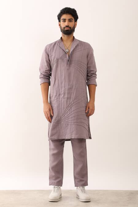 Buy Son Of A Noble Snob Purple 100% Linen Embroidered Manav Angular Stripe Pattern Kurta With Pant Online at Aza Fashions Buy_Son Of A Noble Snob_Purple 100% Linen Embroidered Manav Angular Stripe Pattern Kurta With Pant_Online_at_Aza_Fashions