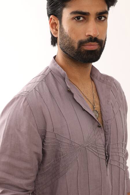 Shop Son Of A Noble Snob Purple 100% Linen Embroidered Manav Angular Stripe Pattern Kurta With Pant Online at Aza Fashions Shop_Son Of A Noble Snob_Purple 100% Linen Embroidered Manav Angular Stripe Pattern Kurta With Pant_Online_at_Aza_Fashions