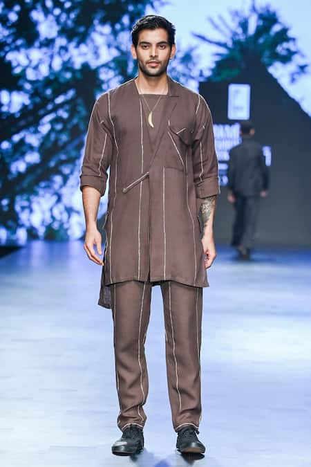 Son Of A Noble Snob_Brown 100% Linen Printed Stripe Manu Jacket Vest Set _Online_at_Aza_Fashions