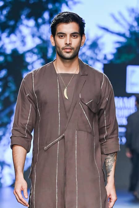 Buy_Son Of A Noble Snob_Brown 100% Linen Printed Stripe Manu Jacket Vest Set _Online_at_Aza_Fashions