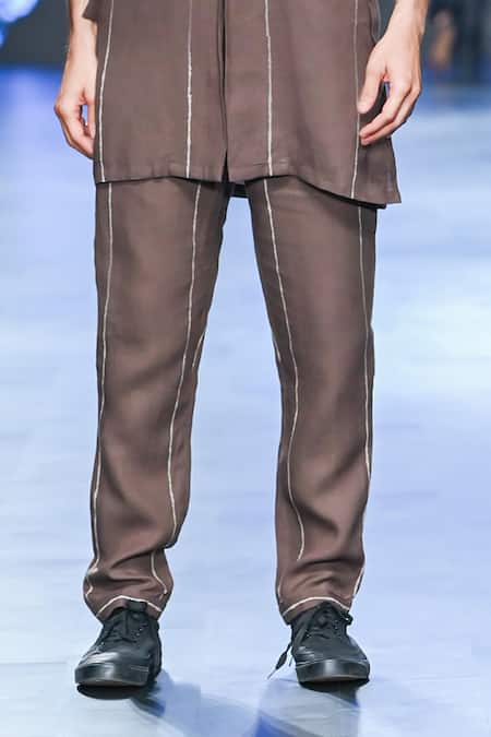 Shop_Son Of A Noble Snob_Brown 100% Linen Printed Stripe Manu Jacket Vest Set _Online_at_Aza_Fashions