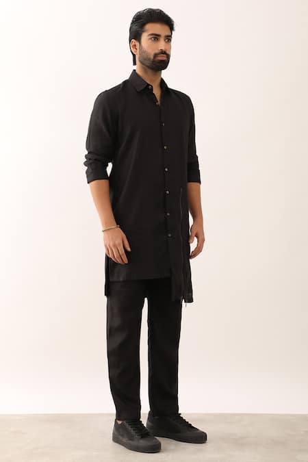 Buy_Son Of A Noble Snob_Black 100% Linen Solid Yatin Long Shirt With Pant _Online_at_Aza_Fashions