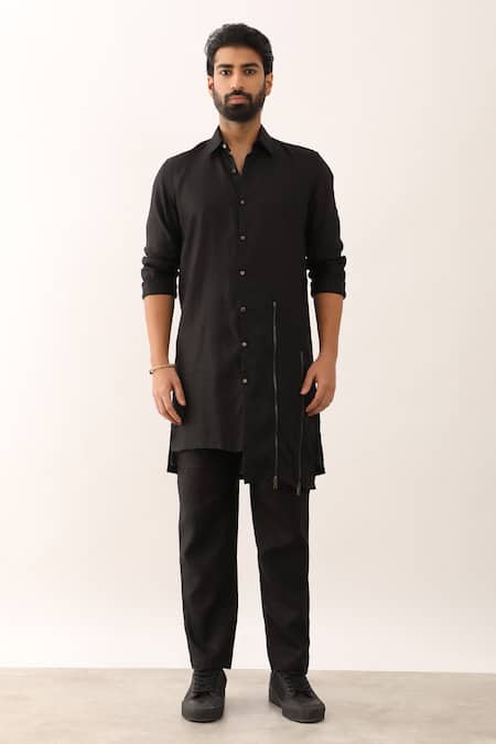 Shop_Son Of A Noble Snob_Black 100% Linen Solid Yatin Long Shirt With Pant _Online_at_Aza_Fashions