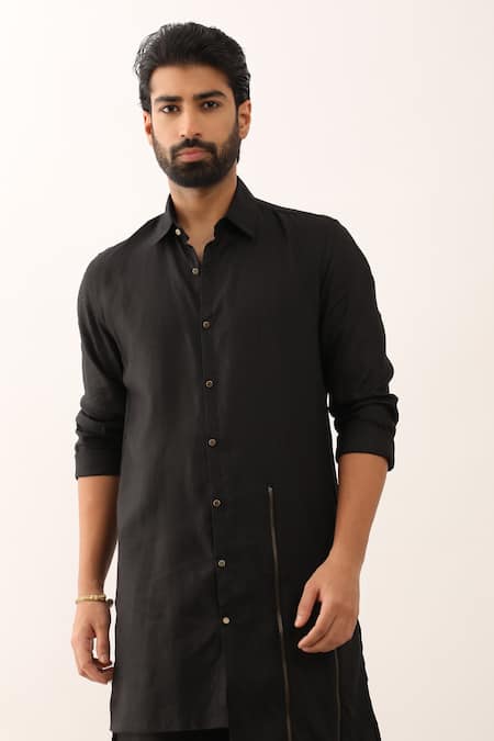 Son Of A Noble Snob_Black 100% Linen Solid Yatin Long Shirt With Pant _at_Aza_Fashions