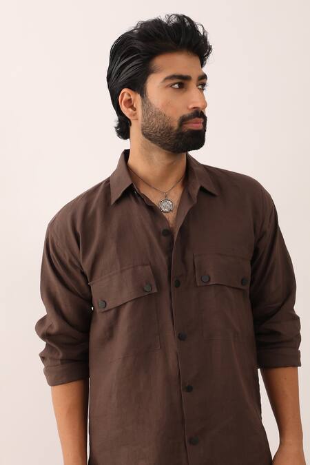 Shop_Son Of A Noble Snob_Brown Linen Kabir Shirt With Pant _Online_at_Aza_Fashions