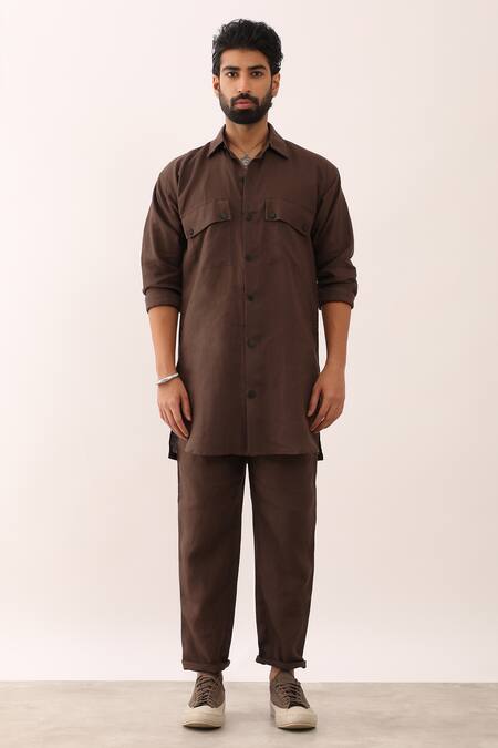 Son Of A Noble Snob_Brown Linen Kabir Shirt With Pant _at_Aza_Fashions