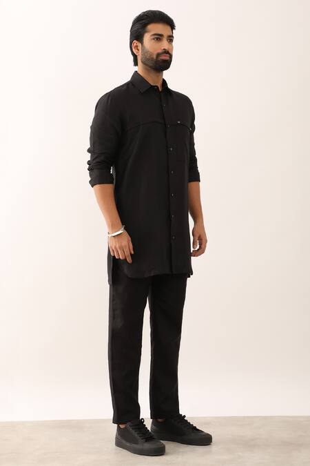 Buy_Son Of A Noble Snob_Black Linen Abeer Patch Pocket Long Shirt With Pant _Online_at_Aza_Fashions