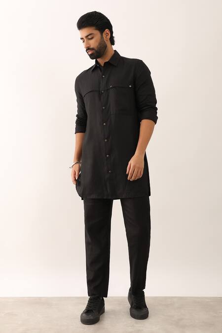 Shop_Son Of A Noble Snob_Black Linen Abeer Patch Pocket Long Shirt With Pant _Online_at_Aza_Fashions