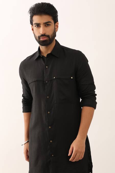 Son Of A Noble Snob_Black Linen Abeer Patch Pocket Long Shirt With Pant _at_Aza_Fashions