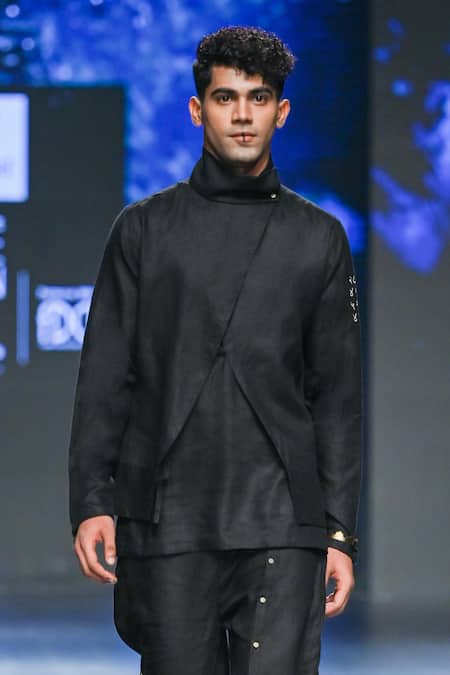 Son Of A Noble Snob_Black 100% Linen Krishiv Asymmetric Shacket And Baggy Trouser Set _Online_at_Aza_Fashions