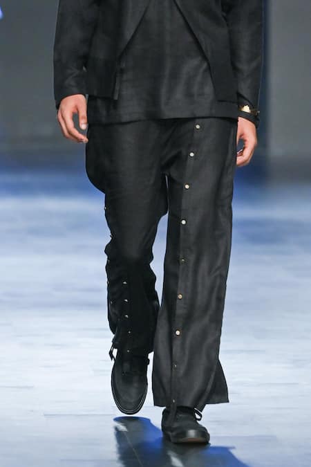 Buy_Son Of A Noble Snob_Black 100% Linen Krishiv Asymmetric Shacket And Baggy Trouser Set _Online_at_Aza_Fashions