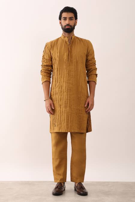 Shop_Son Of A Noble Snob_Yellow 100% Linen Plain Viraj Straight Solid Kurta And Pant Set _Online_at_Aza_Fashions