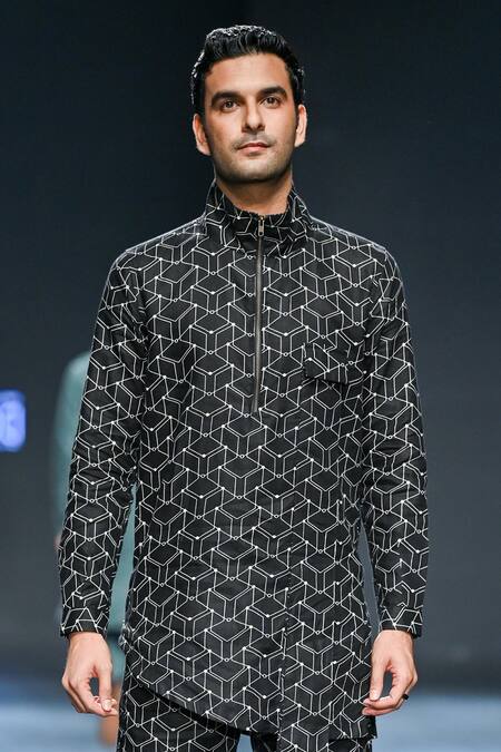 Son Of A Noble Snob_Black Linen Ruban Printed Kurta And Trouser Set _Online_at_Aza_Fashions