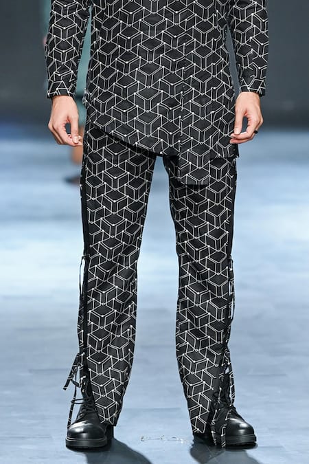 Buy_Son Of A Noble Snob_Black Linen Ruban Printed Kurta And Trouser Set _Online_at_Aza_Fashions