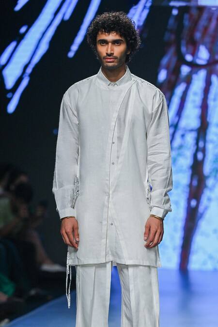 Son Of A Noble Snob_White 100% Linen Sourish Asymmetric Kurta Trouser Set _Online_at_Aza_Fashions