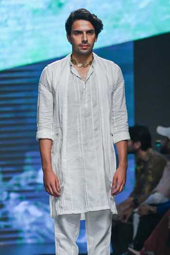 Son Of A Noble Snob_White Linen Applique Ravi Sleeveless Waistcoat Trouser Set_Online_at_Aza_Fashions