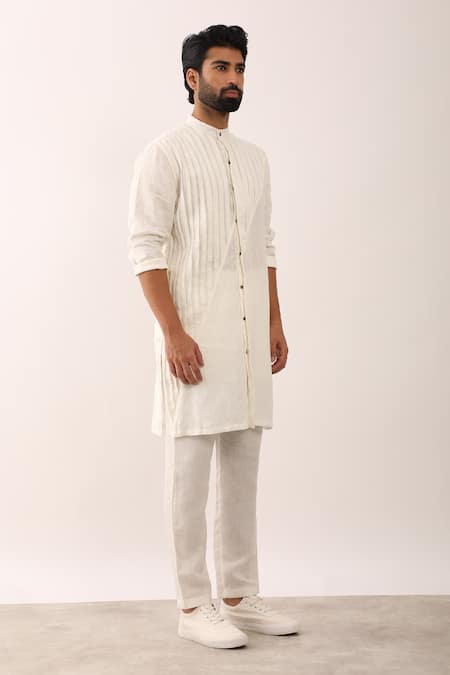 Son Of A Noble Snob_White 100% Linen Aarav Solid Textured Straight Kurta And Trouser Set _Online_at_Aza_Fashions